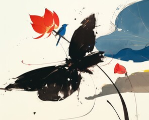 Chinese ink painting, with meticulous brushwork, depicts an abstract black butterfly on a lotus leaf with a red flower bud above it and a blue bird standing in the background,
