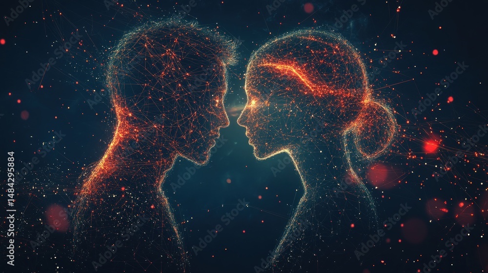 Aufkleber romantic connection represented by digital silhouette of two abstract figures with glowing networks 