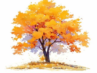 Watercolor painting of a tree with yellow and orange leaves, clip art for kids, on a white background., high quality, multi-detail, HD, 8K,