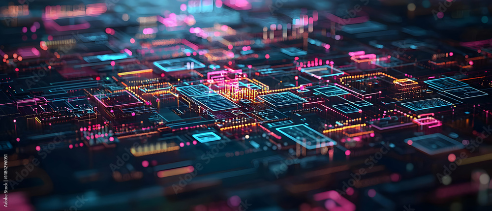 Poster abstract digital circuit pattern with neon lights