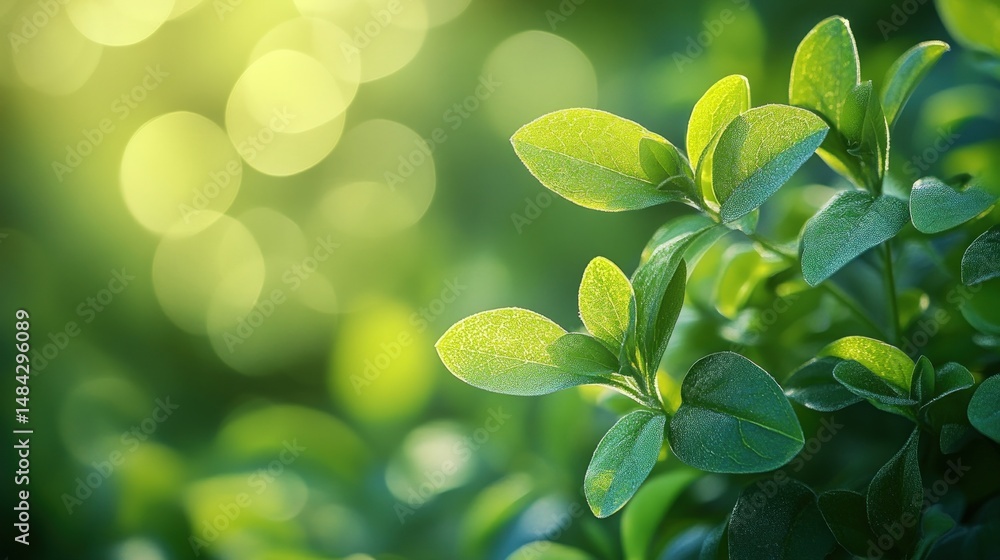 Poster close-up of fresh green leaves with natural light and soft bokeh background creating a tranquil atmo