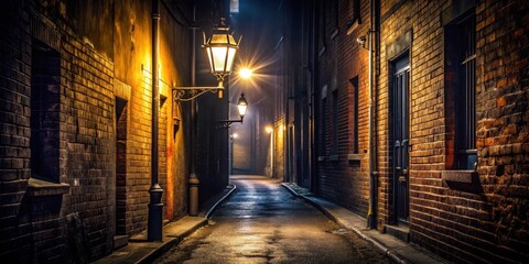 Fototapeta premium Dimly lit alleyway with a single flickering streetlight , darkness, nighttime, darkness, nighttime