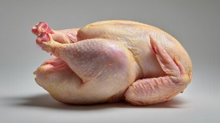 Whole uncooked chicken on a plain background.
