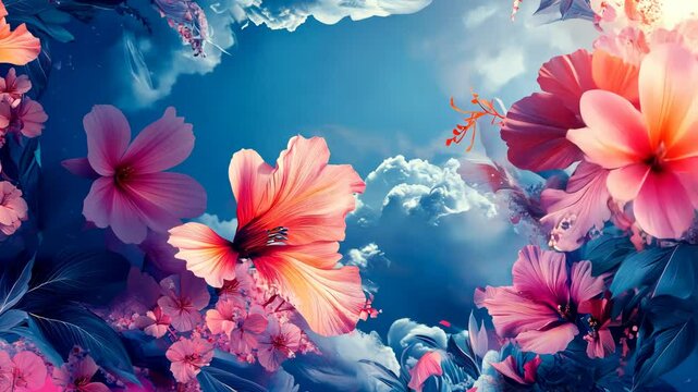Vivid pink hibiscus blossoms against a vibrant blue sky, surrounded by fluffy clouds.  Detailed, almost surreal depiction of flowers