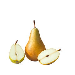 Pear and sliced pear next to each other natural, isolated on transparent background