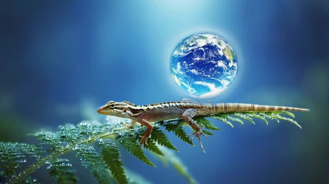 A lizard resting on a fern leaf with a globe in the background against a blue backdrop video