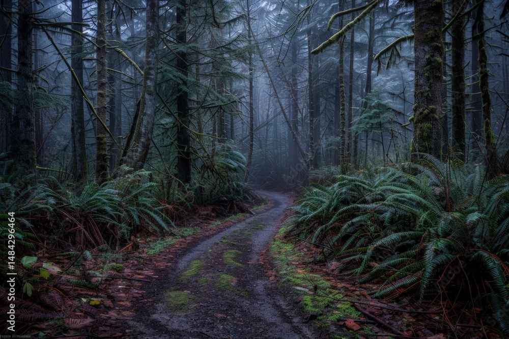 Poster a winding path leads through a misty, dense forest filled with tall trees and lush ferns, creating a