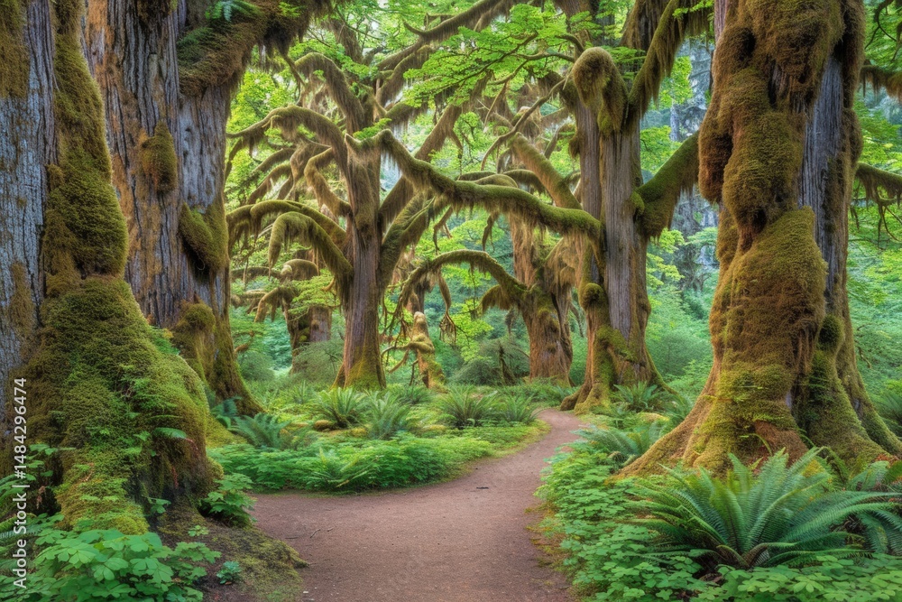 Poster a lush, green forest path winds through moss-covered trees and ferns, creating a serene and enchanti