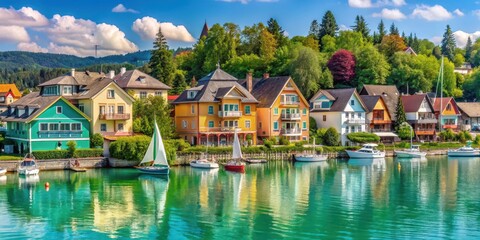 Fototapeta premium Idyllic lake village with pastel-hued cottages and sailing vessels on the turquoise waters of Velden at the W?rthersee in K?rnten, Austria, colorful houses, water sports