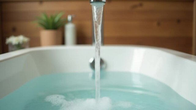 Close-up view of water flowing into a bathtub against wooden, natural background. This modern bathroom scene combines sleek design with natural elements, creating spa. Advertising. Selective focus