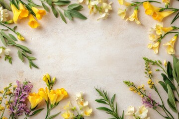 Springtime floral arrangement border on a light surface.