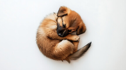 A small brown dog is sleeping on a white surface