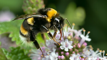 Close up of a bumblebee on a flower with its wings visible and a blurred green background outside