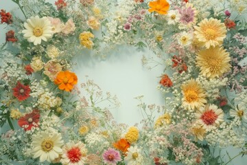 A vibrant floral arrangement creating a heart-shaped empty space.