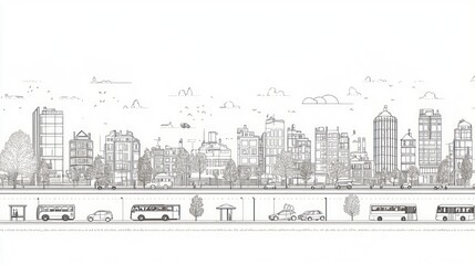 Fototapeta premium Urban skyline sketch, buildings, trees, vehicles