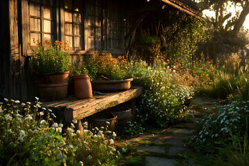 Rustic garden setting bathed in warm golden light.