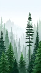 Fototapeta premium A serene illustration of a misty pine forest with tall evergreen trees and distant hills in the background.