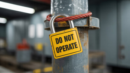 Yellow lockout tag with Do Not Operate hangs on metal pole in industrial power plant ensuring safety and preventing operation hazards