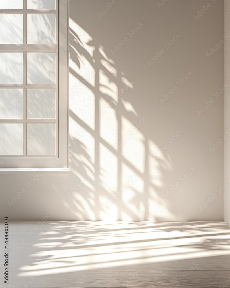 Poster a window with a tree outside casts a shadow on the wall. the room is empty and the light is coming i