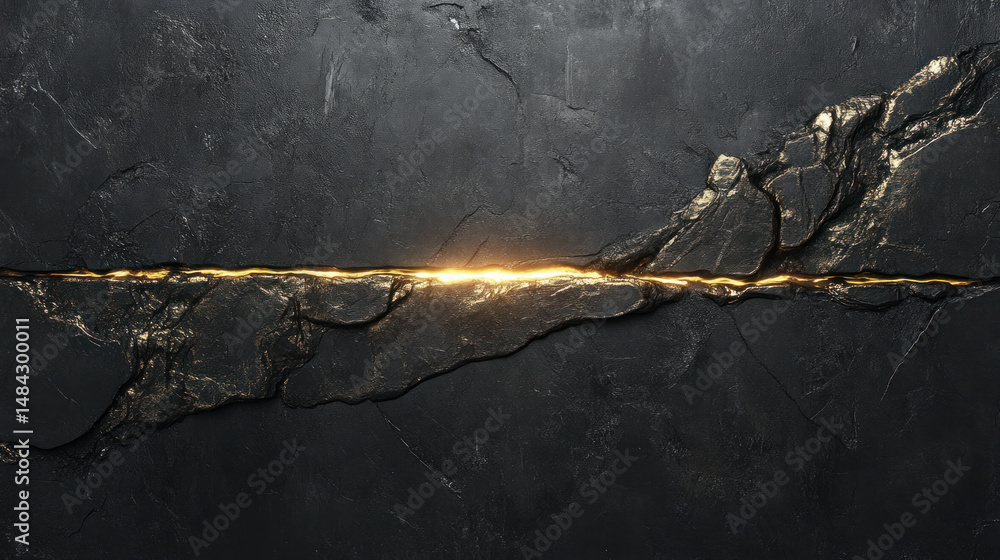 Poster a crack in a wall with a golden line running through it. the crack is deep and the line is thin