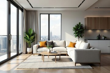 Modern condo living room with stylish furniture and large windows, offering bright natural light , room, sofa