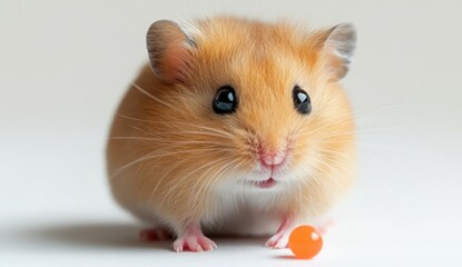 Adorable Golden Hamster Sitting on White Background with Colorful Orange Ball, Captivating Small Animal Portrait for Pet Lovers