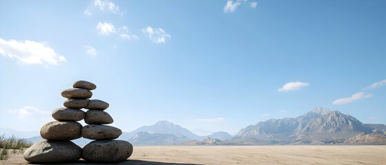 Obraz premium Stacked Stones In Desert Landscape Under Sunny Sky