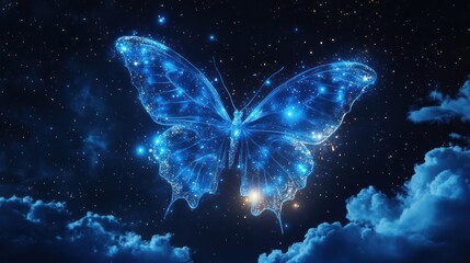 Celestial butterfly composed of cosmic dust floating among night clouds