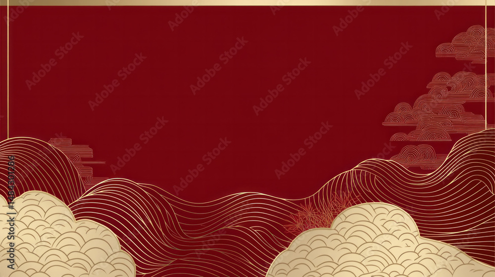 Poster a red background with gold accents and a wave pattern. the red and gold colors create a warm and inv