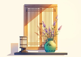 Korean traditional window, green vase with lavender flowers and leaves, black table lamp on the floor, white background, in the style of watercolor painting, simple illustration, flat design,