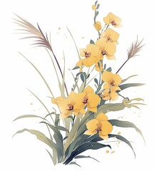 A small bouquet of yellow orchids, green leaves, and grasses, in the style of Chinese ink painting, against a white background, with simple lines and colors, using traditional Chinese brushwork,
