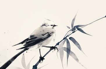 A bird on a branch, in the style of Chinese ink painting, with simple lines and shapes, brush strokes, and a white background.