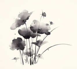 A small black ink painting of lotus leaves and flowers, in the style of traditional Chinese art, with delicate brush strokes and simple lines on a white background.