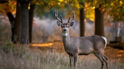 Majestic Buck Stands in Autumn Forest Clearing Looking Directly at Viewer