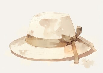 A white hat with a ribbon, in the style of Chinese ink painting, with simple lines and flat illustrations, minimalism, watercolor, on a white background, a cartoon character design,