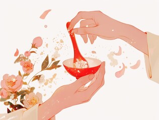 A white background with an illustration of two hands holding one bowl, a red spoon, and flowers in the style of romantic manga. The image has soft edges and atmospheric effects,
