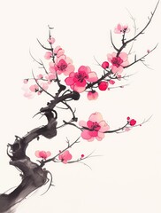 A plum blossom branch with pink flowers, in the style of Chinese ink painting, with simple lines and colors, against a white background, without shadows or text.