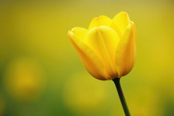 Single, vibrant yellow tulip in bloom, petals slightly open , tulip, close-up