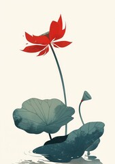 A red lotus flower and green leaves, in the style of Chinese ink painting, vector illustration, white background, simple lines, flat illustrations, green color scheme, delicate brushstrokes,