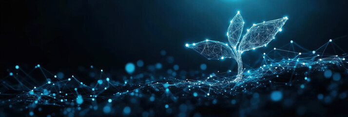 Futuristic digital plant sprout emerges from network of glowing lines, symbolizing growth and connectivity in a dark