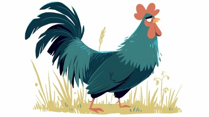 A dark green rooster on the grass, in the style of children's book illustration style, flat color, full-body portrait, white background, high contrast, cartoon character design., high quality,