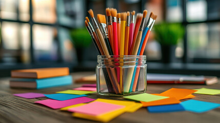 Paint brushes and colorful sticky notes on a wooden table in office
