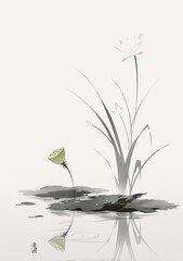 Chinese ink painting style, in the style of a traditional Chinese artist, with black and white tones, featuring a single green lotus bud on the water surface,