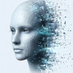 Obraz premium Futuristic Sci-fi Digital Pixel Disintegration Half-Face Fragmented AI Portrait 