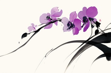 Ink painting in the style of traditional Chinese art, featuring simple lines and a purple orchid flower with a long stem and black leaves against a white background.