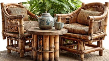 Fototapeta premium Cozy Bamboo Tea Set: A serene outdoor space with an artisanal bamboo sofa set, a rustic table, and a ceramic teapot and cup. creating an environment for relaxation and tranquility.