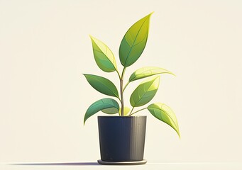 A small potted plant, in the style of Chinese ink painting, with simple lines and solid colors, against a white background. High-definition details and high resolution,