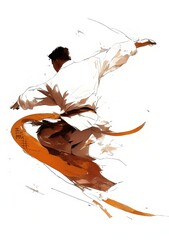 A person in white and brown performing martial arts moves, viewed from behind, in the style of an ink painting illustration with Chinese brushwork, against a pure white background,