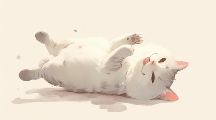 Cute white cat rolling on the ground with its back up, in the style of Chinese ink painting. Simple background, colorful cartoon illustration., high quality, multi-detail, HD, 8K,