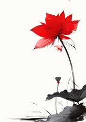 A red lotus flower blooms on the black-inked and painted watercolor background, in the style of vector illustration. The white space around it evokes a Chinese painting,
